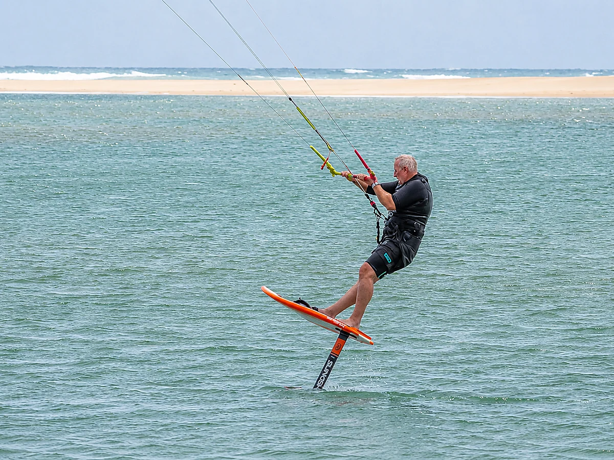 Richard hydrofoiling across the Langebaan Lagoon
